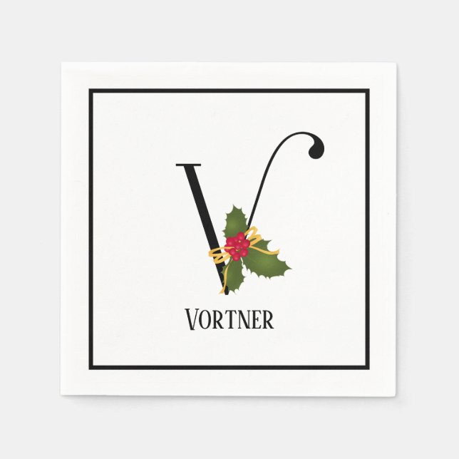 Holiday Holly Monogram Letter V Personalised Paper Napkin (Front)