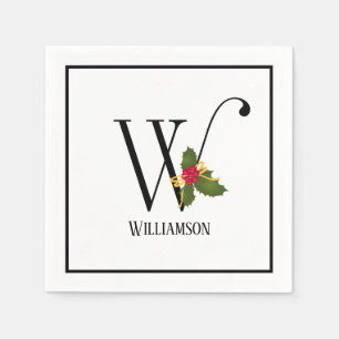 Holiday Holly Monogram Letter W Paper Napkin