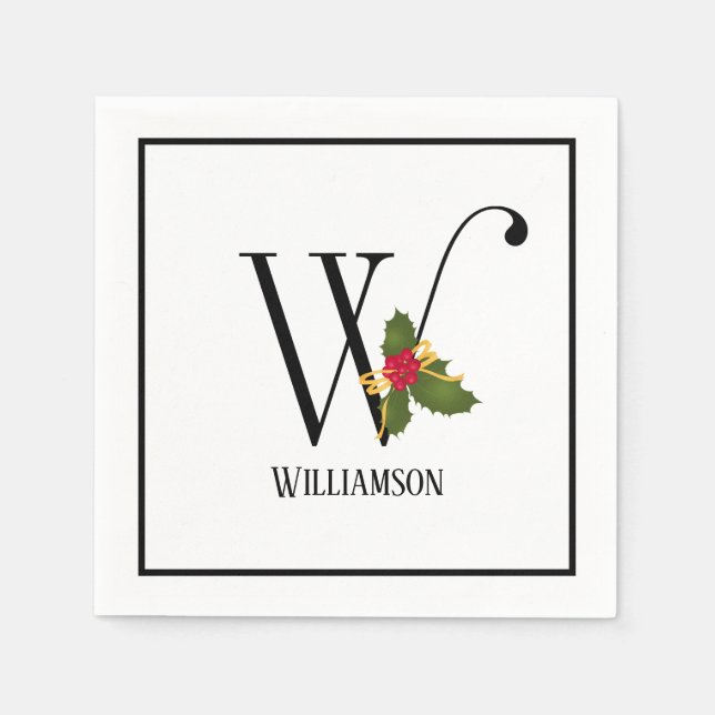 Holiday Holly Monogram Letter W Paper Napkin (Front)
