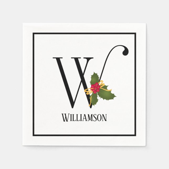 Holiday Holly Monogram Letter W Personalised Paper Napkin (Front)