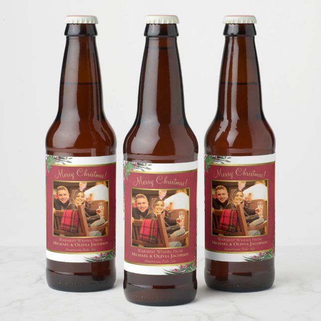 Holiday Holly & Pine Merry Christmas Photo Beer Bottle Label (Bottles)