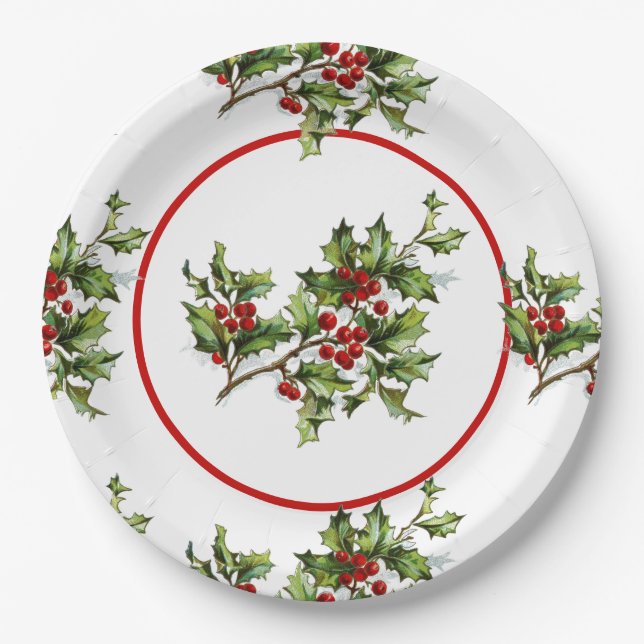 Holiday Holly Retro Style Gift Paper Plate (Front)