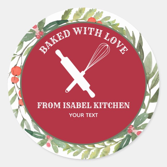 Holiday holly wreath bakery baked goods classic round sticker (Front)