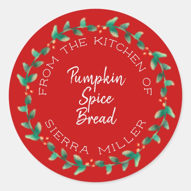 Holiday Holly Wreath Kitchen Treats Gift Red Classic Round Sticker (Front)