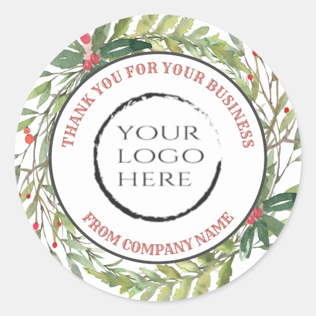 Holiday holly wreath thank you custom logo classic classic round sticker (Front)