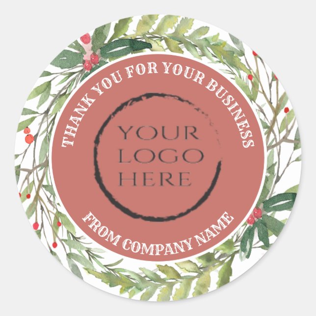 Holiday holly wreath thank you custom logo classic round sticker (Front)