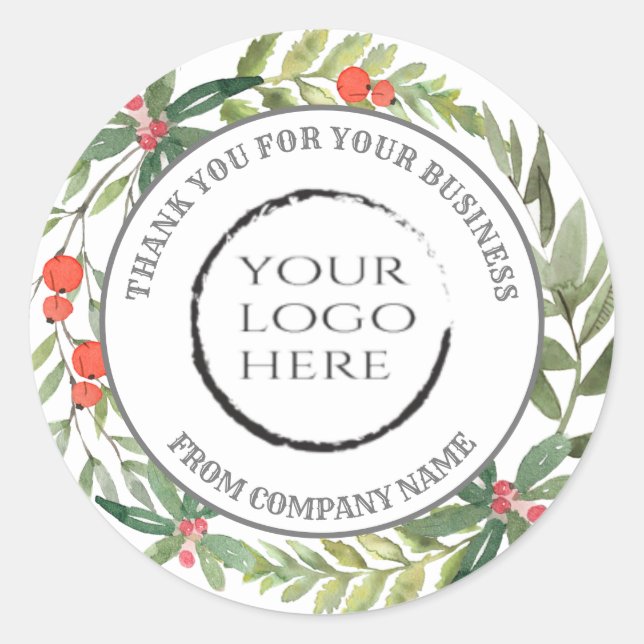 Holiday holly wreath thank you custom logo classic round sticker (Front)