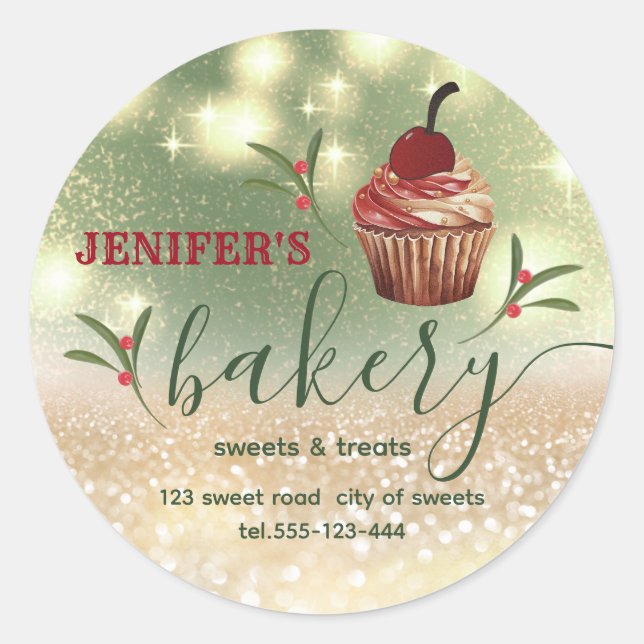 Holiday holy berry Glittery cupcake chef  bakery Classic Round Sticker (Front)