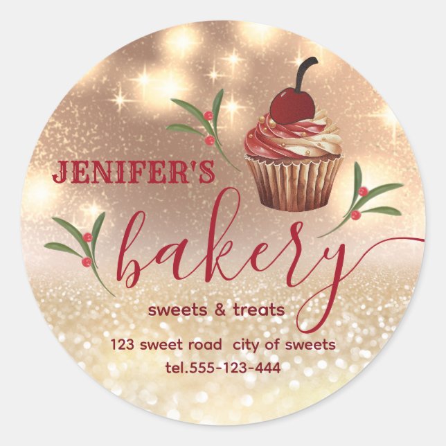Holiday holy berry Glittery cupcake chef  bakery Classic Round Sticker (Front)