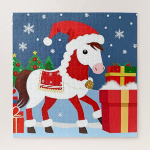 Holiday Horse Santa Hat Scene For Festive Family Jigsaw Puzzle