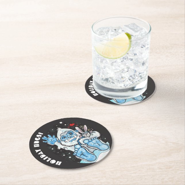 Holiday Hugs Yeti! Round Paper Coaster (Insitu)