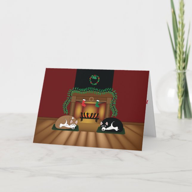 Holiday Huskies Sleeping by the Fireplace Card (Front)