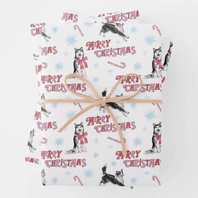 Holiday Husky and Border Collie/Aussie Wrapping Paper Sheet (In situ)