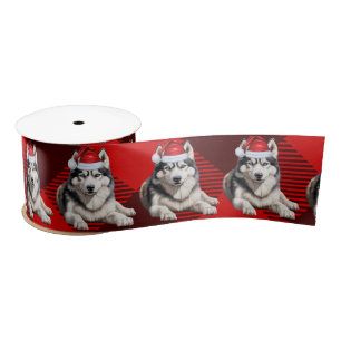 Holiday Husky Dog on Red Buffalo Plaid Satin Ribbon