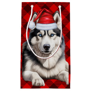 Holiday Husky Dog Red Buffalo Plaid Christmas Small Gift Bag