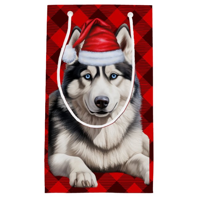 Holiday Husky Dog Red Buffalo Plaid Christmas Small Gift Bag (Front)