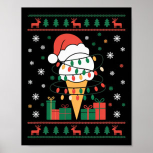 Holiday Ice Cream Cone Wrapped In Lights And Santa Poster