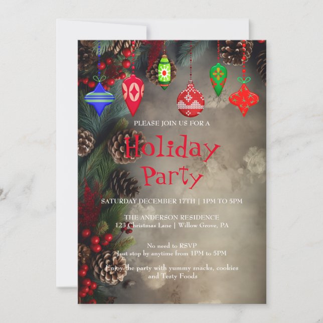 Holiday Invitation with Christmas Ornaments (Front)