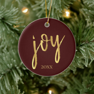 Holiday Joy Classic Gold Marker Script on Red Ceramic Tree Decoration
