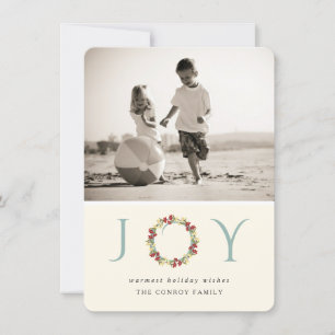 Holiday Joy Floral Wreath Modern Photo Greeting Card