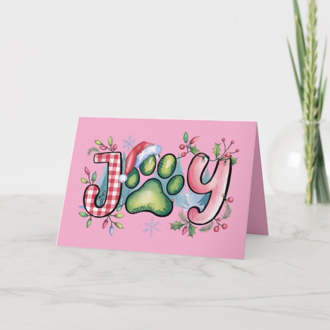 Holiday Joy Pet Paw Merry Christmas Card Pink (Front)