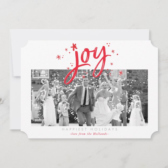 HOLIDAY JOY PHOTO modern festive red sparkles Card (Front)