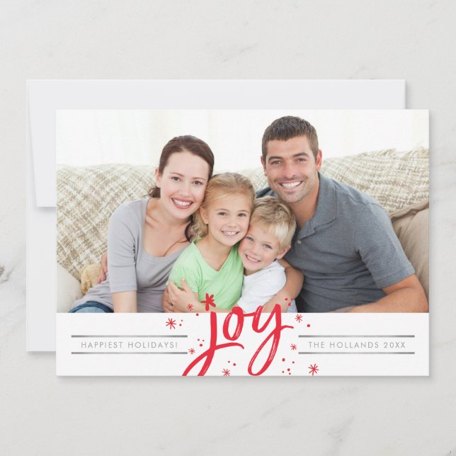 HOLIDAY JOY PHOTO modern simple red sparkles Card (Front)