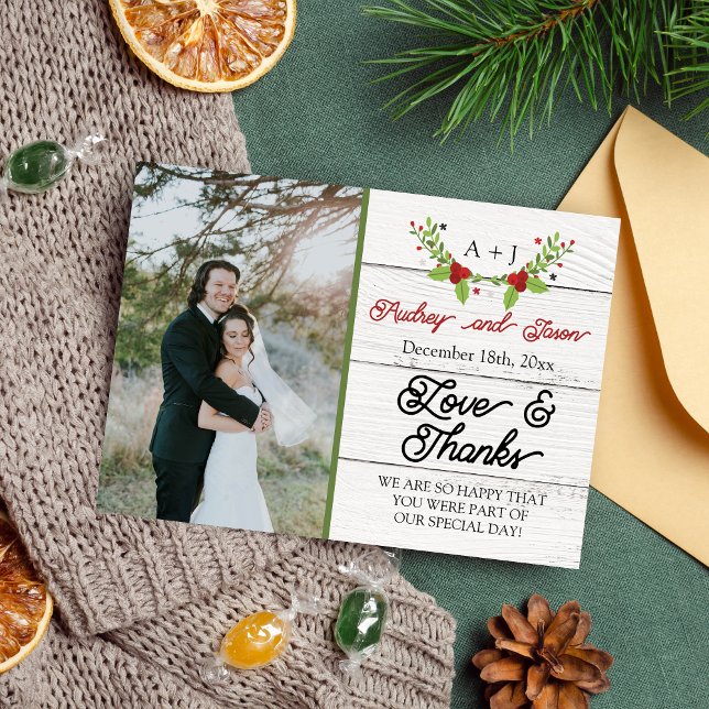 Holiday Joy Poinsettia Winter Wood Thank You Card (Creator Uploaded)