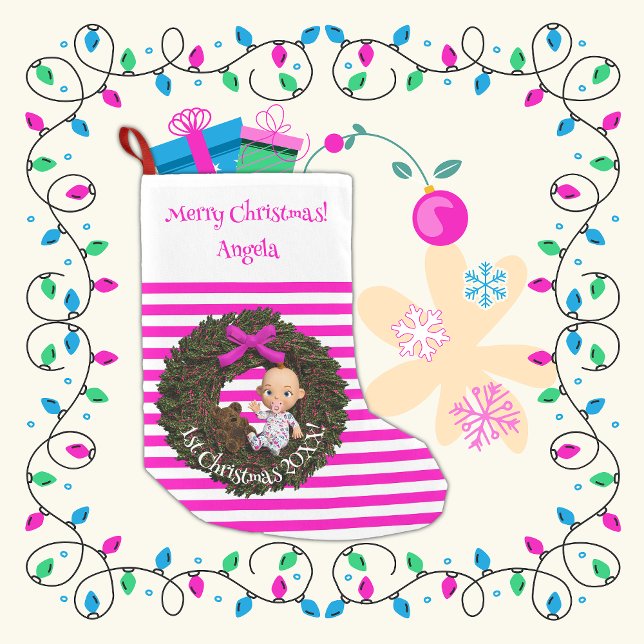 Holiday Joy Striped Keepsake Baby Girl's 1st Small Christmas Stocking (Creator Uploaded)