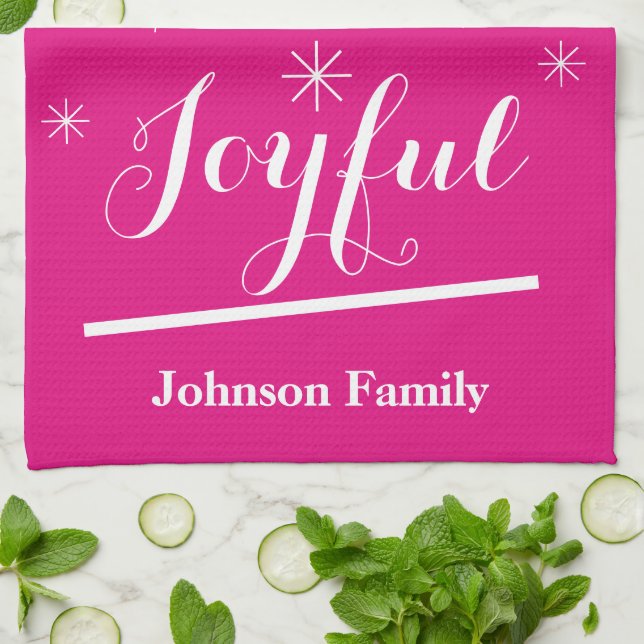 Holiday Joyful Kitchen Personalised Name Cool Pink Tea Towel (Folded)