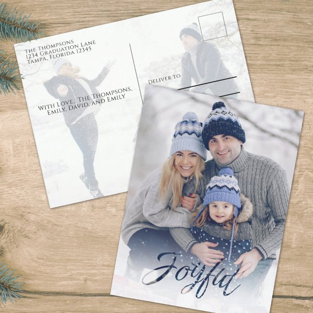 Holiday Joyful Navy Blue Snowflake Winter 2 Photo Postcard (Creator Uploaded)