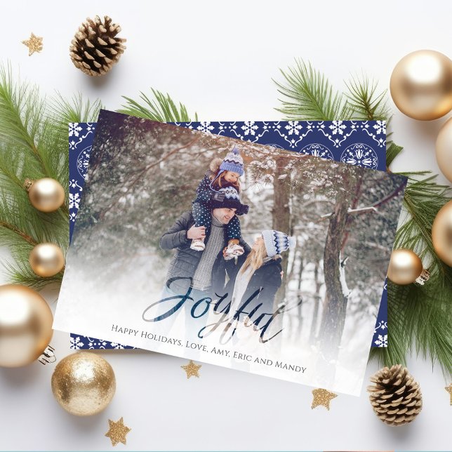 Holiday Joyful Script Blue White Snowflake 1 Photo (Christmas "Joyful" Holiday photo card with a white feathered edge. )