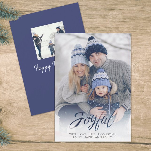 Holiday Joyful Script Blue White Snowflake 1 Photo Card (Creator Uploaded)