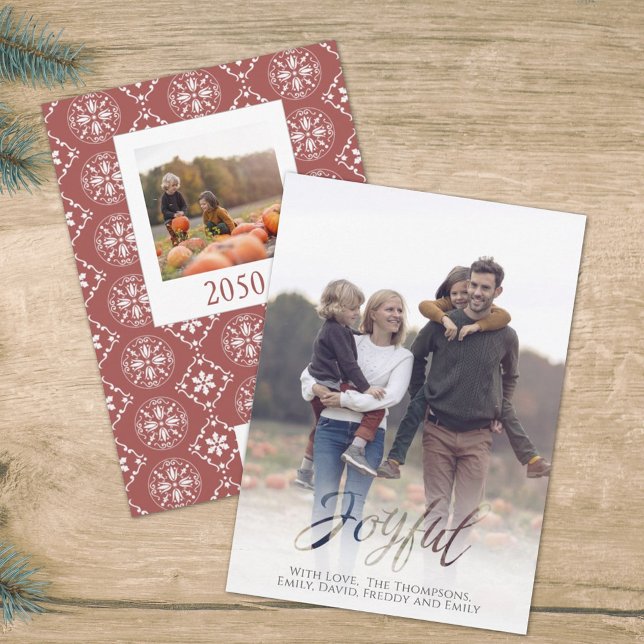 Holiday Joyful Script Red Winter Snowflake 1 Photo Card (Christmas holiday Joyful typography photo card template.)