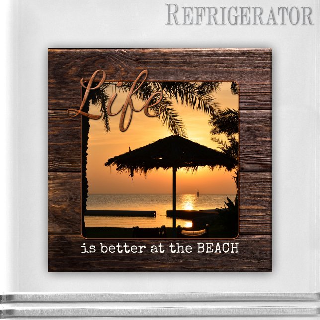 Holiday Keepsake Custom Beach Photo Magnet (Beach holiday keepsake magnet featuring your photo framed by rustic wood and rose gold text)