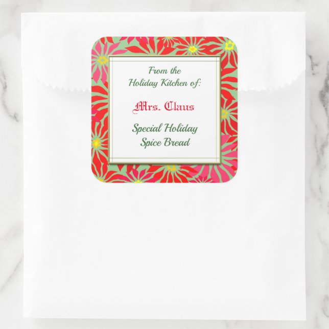 Holiday Kitchen of Red Poinsettias on Green Square Sticker (Bag)