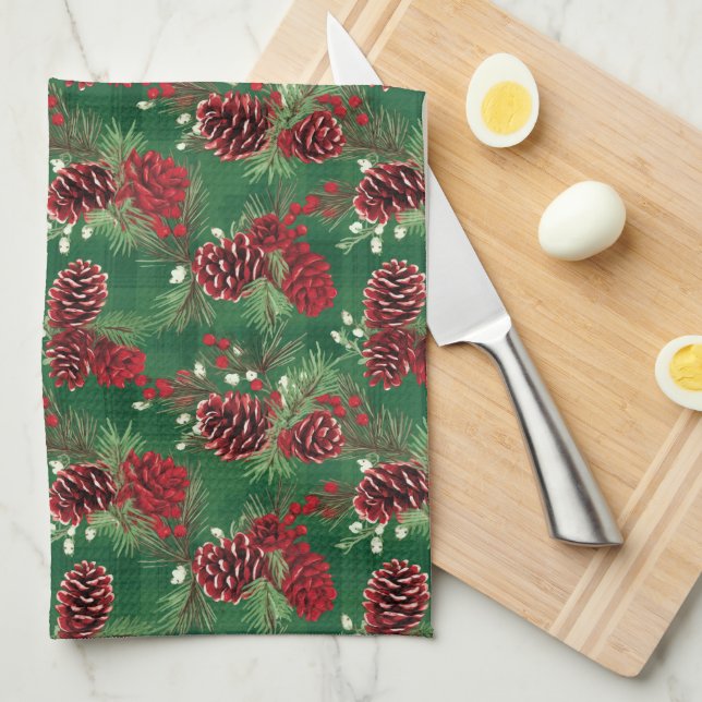 Holiday Kitchen Towel-Pinecones Tea Towel (Quarter Fold)