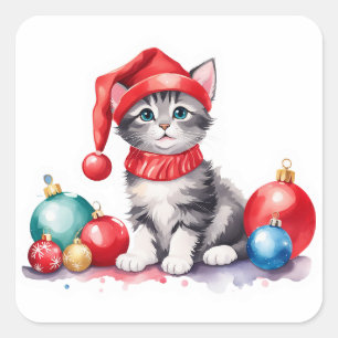 🎨 Holiday Kitten Playing with Christmas Ornaments Square Sticker