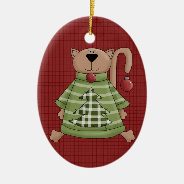 Holiday Kitty Ceramic Christmas Ornament (Front)