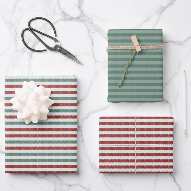 Holiday Knitted Sweater Stripes (red and green) Wrapping Paper Sheet (Front)