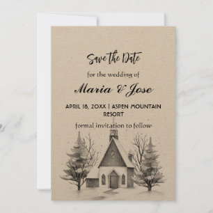 Holiday Kraft Winter Church PineTree Save the Date Invitation