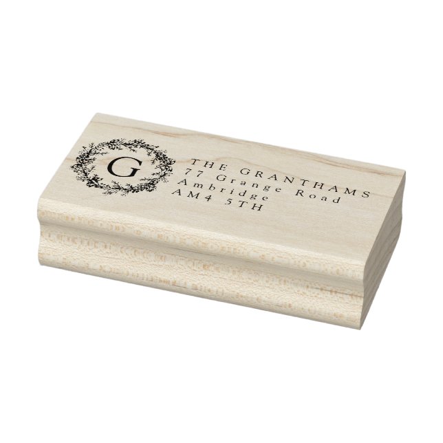 Holiday Leaves & Berries Wreath Monogram Address Rubber Stamp (Stamp)