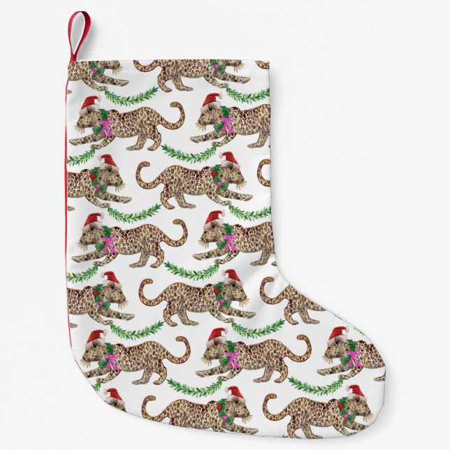 Holiday Leopard Parade  Small Christmas Stocking (Front)
