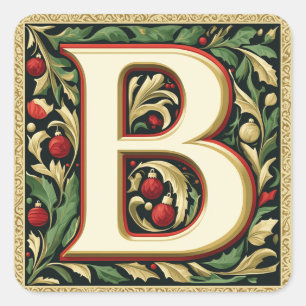 Holiday Letter B: Red, Green, and Gold Square Sticker