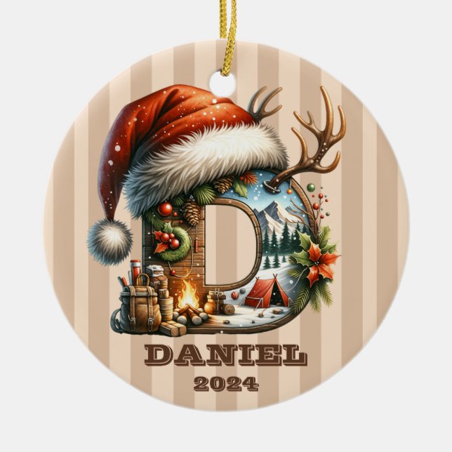 Holiday Letter D Santa Hat Winter Camping Scene Ceramic Tree Decoration (Front)