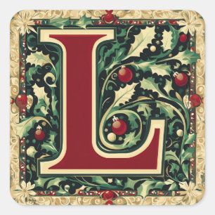 Holiday Letter L: Red and Green with Gold Square Sticker