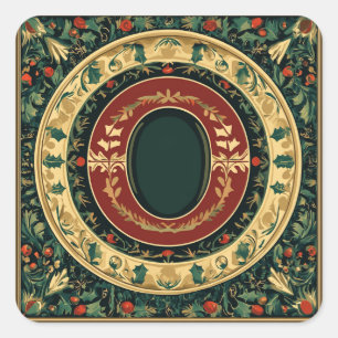 Holiday Letter O: Red, Green, Gold with Greenery Square Sticker
