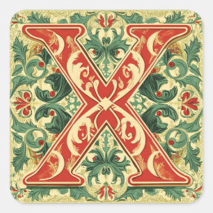 Holiday Letter X: Christmas Greenery and Gold Square Sticker
