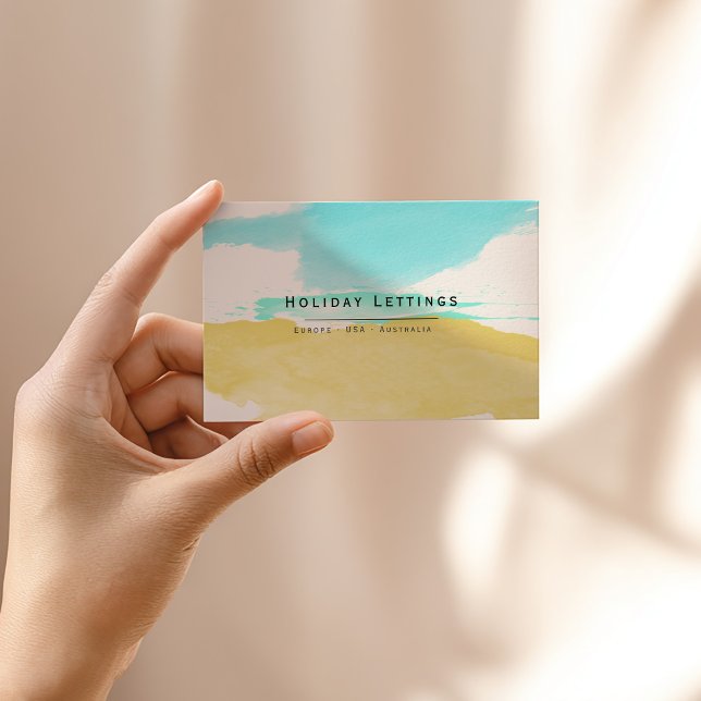Holiday lettings blue sky and yellow beach business card (Beach watercolor business card with modern black text, travel and holiday lettings theme.)