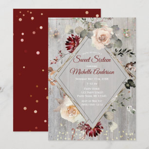 Holiday Lights Burgundy Floral Sweet Sixteen Party Invitation